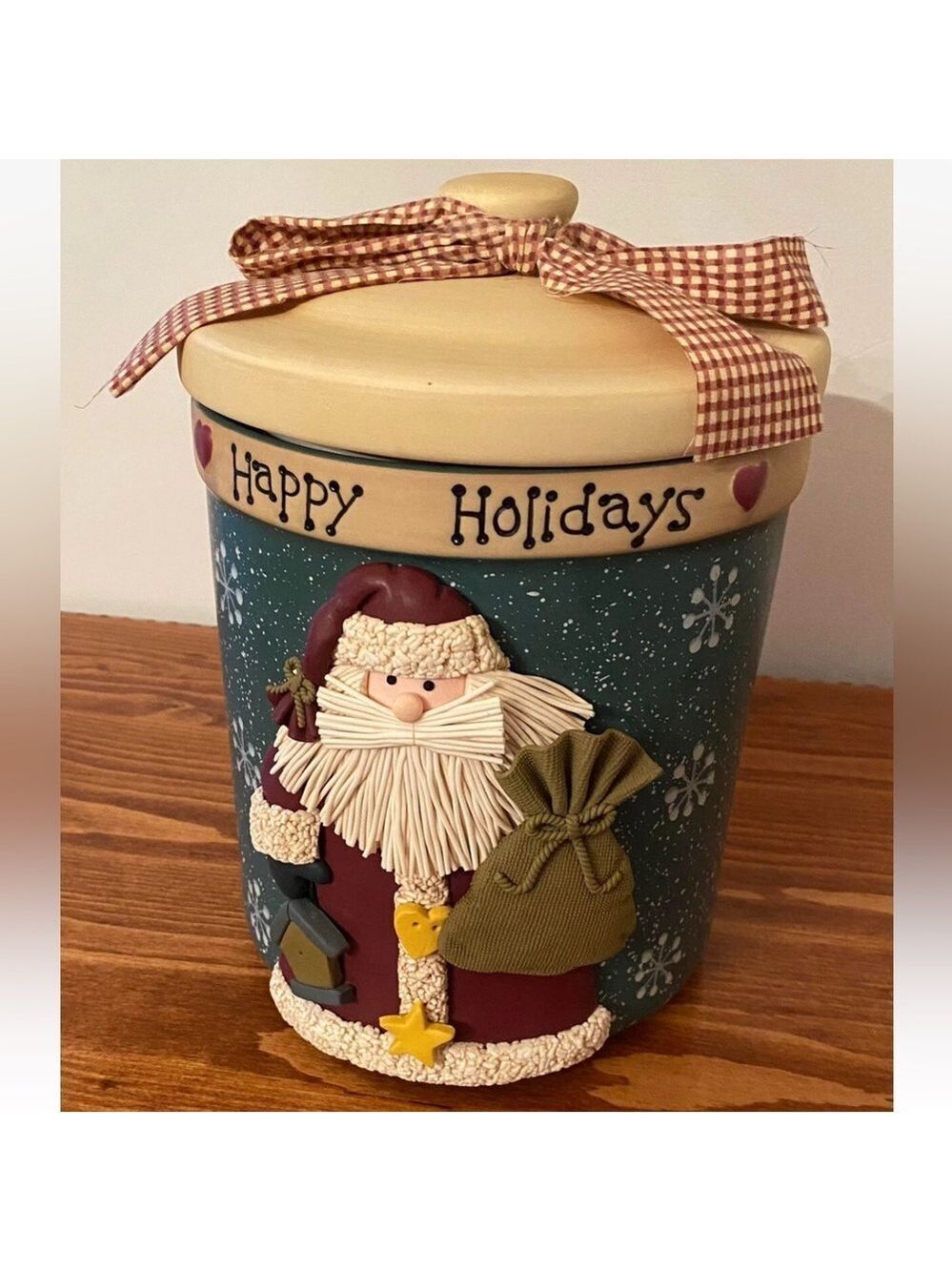 Vintage Joie De Vivre Christmas Stoneware Cookie Jar 3D Santa Happy Holidays New